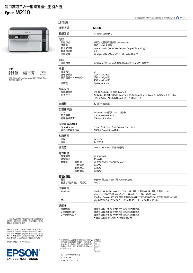 高速三合一網路連續供墨複合機Epson M210規格表機型名稱M2110液晶面板1.44 inch Color LCD列  大解析最小墨滴微針點式噴墨技術piezoelectric黑色 10x2 孔購144020 dpi with Variable-sized Droplet Technology 32 ppm  eMemo4115ipm 4 複印複印31 cpm  eMemo4 約13ipm(單面掃描黑色印量 6000TO3Q100黑色印量 2000掃描元件光學解析度 24712  Suite   A 性掃描( 200 dpi1200x2400dpi黑白12頁彩色:28秒頁TWAIN WIA ICA本印表原始  墨水墨水匣請耗材確保品長使用壽命進紙來源進紙槽容量紙大小出紙槽印表機界面USB乙太網路網路通訊協定行動及遠端Epson Connect他行動解決方案使用環境溫度噪音値張 Letter 紙(80g/A4 Letter B5 16K (195x270mm  A6, B6, Legal, Indian-Legal (215x345mm), 8.5x13în,自訂 (89x1215,9x1200mm),信封:#10, , C630 張 A4紙Hi-Speed USB (相容USB 2.0 規格)10Base-T/100Base-TX/, ТСР/Epson i, Email Print, Remote Print DriverAirPrint, Google Cloud Print10-35°C20~80%RH53dB(A) (ISO7779/預設普通紙)力規格額定電额定频率耗電量單機複印待機模式睡眠模式關機模式AC 100-240V50-60 約  (ISO/IEC 24712 Pattern)約約 體積&重量體積375mm ()x318mm (深)x200mm(高)重量(墨水/電源線5.0公斤作業WindowsWindows XP Professional x64 Edition SP2 或上版本/XP SP3 或上版本 (x32)/Vista (x32, x64)/7 (x32, x64)/8 (x32, x64)/8.1 (x32,x64)/10 (x32, x64),Windows Server 2003 SP2 或以上版本/2003 R2/2008/2008 R2/2012/2012 R2/2016/2019/Mac OS X 10.6.8, 10.7.x, 108.x, 10.9.x, 10.10x, 10.11x, 10.12x, 10.13.x保固期準保固2延長保固3年延長保固*自購買日起1年或50,000張(以之)自購買日起2年或50,000張(以之數據)自購買日起3年或張以之數據)*登錄活動符合條件,詳見官網了解 72  EPSON CORPORATION冊,同品牌才能。其產品名稱及產品註商標,自行註冊使用。,EPSON EPSON 公司之商標。規格若有,恕不另行通知EPSON®EXCEED YOUR VISION列印速度 (ppm)最模式列印A4普通紙上。列印速度系統文件度、使用以及方式,列印速度不包含的時間。*  *150 29183 Test 24735 Annex D黑白