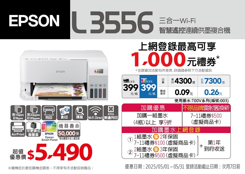 L3556EPSON三合一Wi-Fi智慧遙控連續供墨複合機上網登錄最高可享1,000元禮券**金額會因活動有所差異,詳請請參照下方活動資訊 4300張399 399單成元/瓶元/瓶 0.09元0.26元使用墨水系列編號:00315ipm 黑33ppm4X6彩ipm 彩20ppm列印影掃描 Wi-Fi Direct 無邊列印可更換式AirPrint 廢墨盒機器壽命EPSON 50,000張EpsonSmart Panel超值: $5.490優惠價2組墨水 3年保固(2)1加購優惠加購一組墨水(4瓶)以上享9折不限品牌雷射舊換新7-11禮券$500(虛擬商品卡)加購墨水上網登錄1組墨水 2年保固7-11禮券$300(虛擬商品卡)7-11禮券$500(虛擬商品卡)+第1年府收送※購機低於最低購機金額者,不得享有本活動促銷贈品。優惠日期:2024/06/01~06/30 登錄活動截止日期:次月7日前